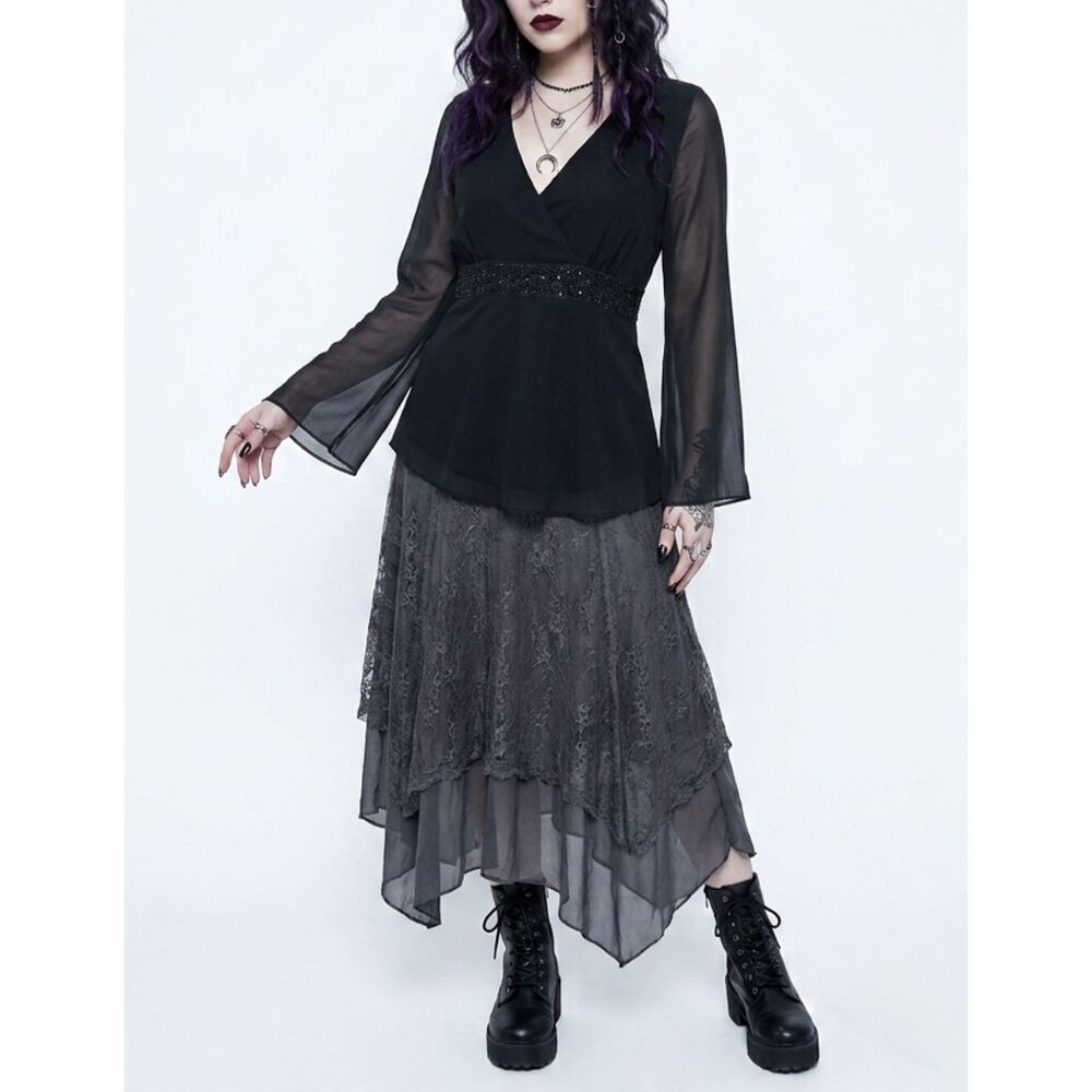 Sandra Darren Black Beaded Empire Sheer Sleeve Gothcore V-Neck Top Sz 10 (Flaw)
